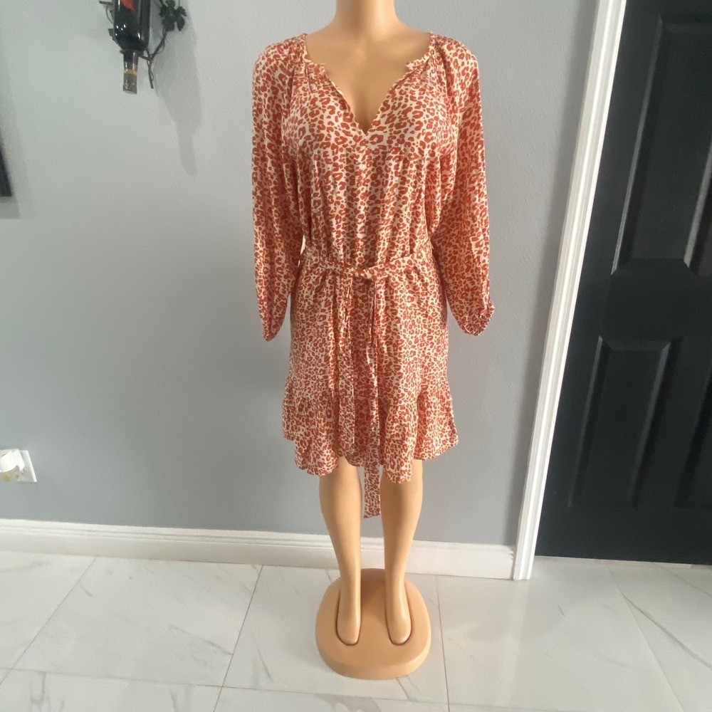 LOFT Petites Orange Animal‎ Print V-Neck Belted Ruffle Hem Dress XSP